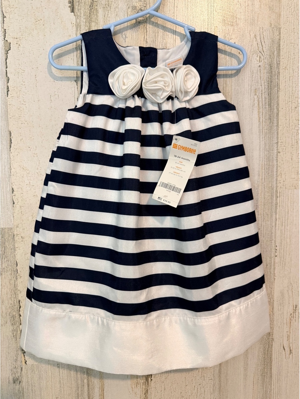 Gymboree Girls 18-24 Months Navy White Striped Dress with Rosette Detail